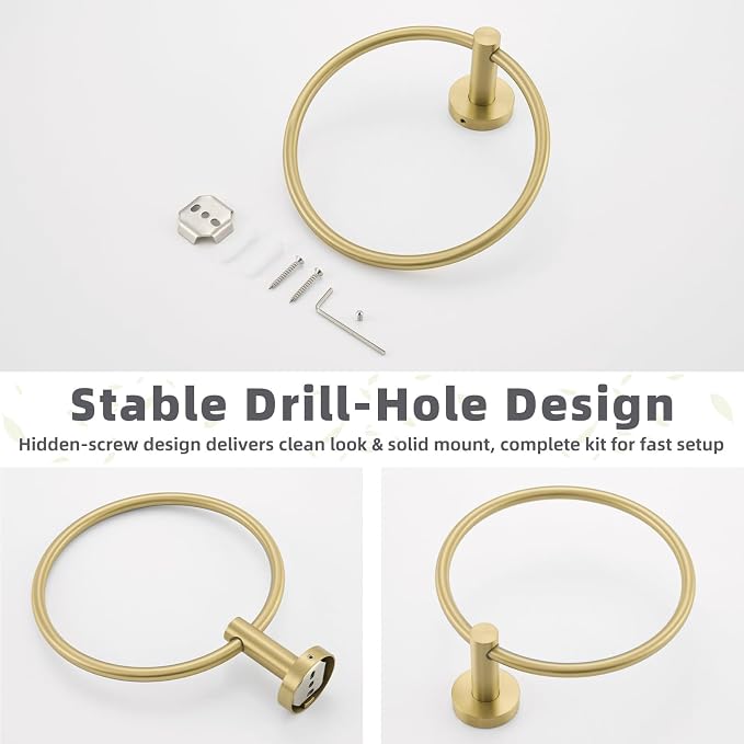 APLusee Brushed Gold Bath Towel Ring, 304 Stainless Steel Heavy Duty Towel Holder for Bathroom, Wall Mounted
