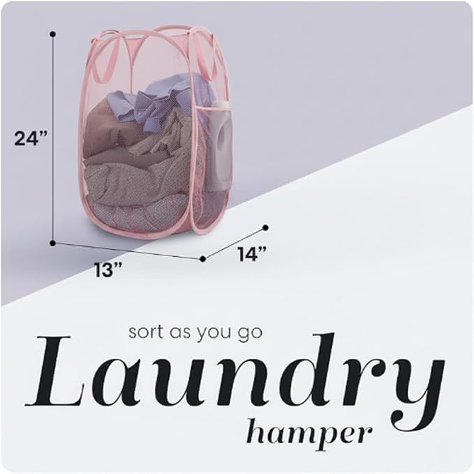 Handy Laundry Collapsible Mesh Pop Up Laundry Hamper with Side Pocket, Breathable & Space-Saving Foldable Basket for Clothes, Toys, Travel, Storage, 14 x 13 x 24 in, Pink