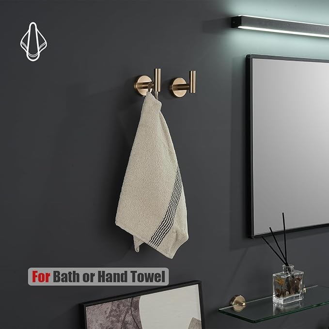 JQK Bathroom Towel Hook Champagne Bronze, Coat Robe Clothes Hook for Bathroom Wall Mounted (Pack of 2), SUS 304 Stainless Steel 0.8mm, TH100-CB-P2