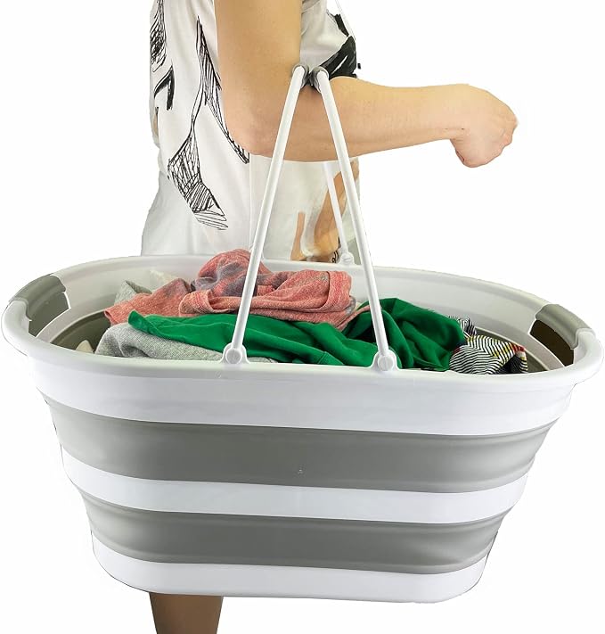 SAMMART 38L (10 Gallons) Collapsible Plastic Laundry Basket - Foldable Storage Container/Organizer - Portable Washing Tub - Space Saving Laundry Hamper (White/Grey (Set of 2))