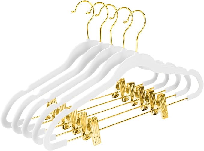MIZGI Premium Velvet Pants Hangers with Adjustable Clips (Pack of 30) Slim Skirt Hangers- Non Slip Felt Outfit Dress Hangers White - Gold Hooks,Space Saving Shirt Clothes Hangers