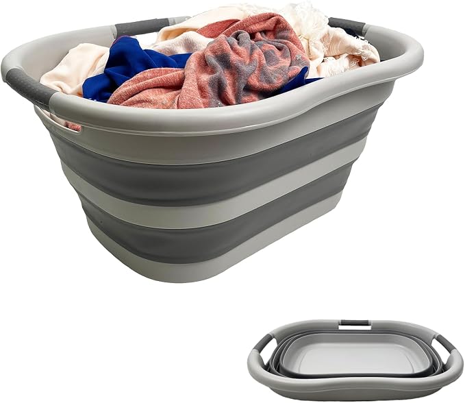 SAMMART 40L (10.5 gallon) Collapsible Plastic Laundry Hamper - Foldable Pop Up Storage Container/Organizer - Portable Washing Tub - Space Saving Basket (1, Grey/Dark Grey)