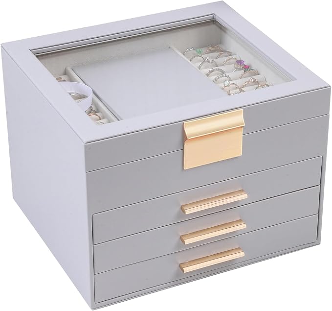 BOOVO Clear Lid Jewelry Box,3 Layers Jewelry Organizer Large Jewelry Storage Box with 2 Drawers,Jewelry Holder Organzier of Rings Earrings Necklace Bracelets for Women (Grey, 4 Layer)