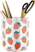 Pen Holder for Women Girls, Pencil Cup Pink Desk Decor, Makeup Brush Holder Large Pu Leather Multi-Functional Organizer Cup for Office, Classroom, Home, Strawberry