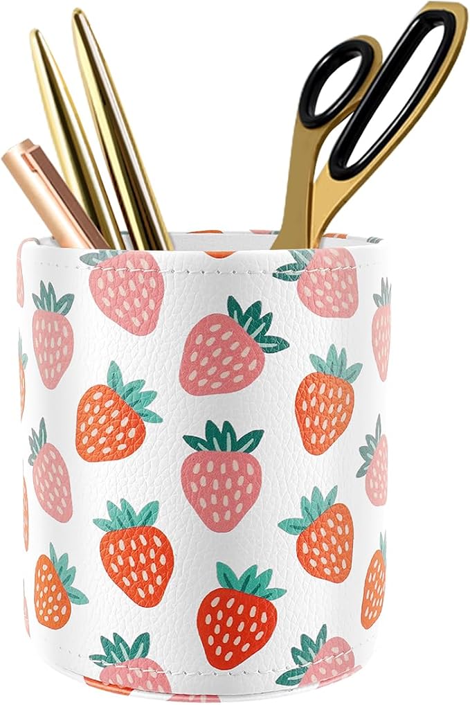 Pen Holder for Women Girls, Pencil Cup Pink Desk Decor, Makeup Brush Holder Large Pu Leather Multi-Functional Organizer Cup for Office, Classroom, Home, Strawberry