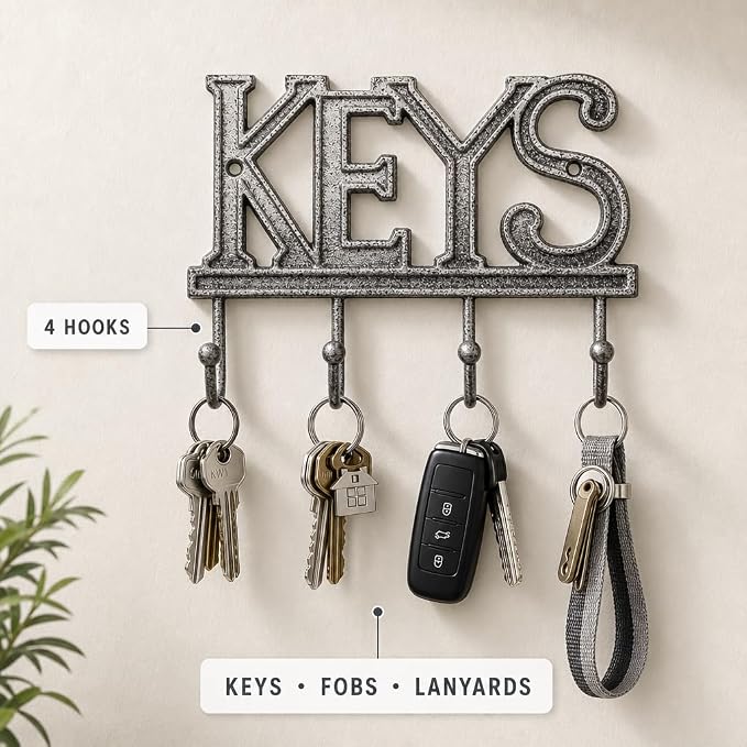 Comfify Gray Cast Iron Key Holder for Wall – Keys Sign with 4 Hooks | Neutral gray versatile finish; mounting hardware included; entryway, hallway or door; 6"H x 8"L; holds 8 keychains