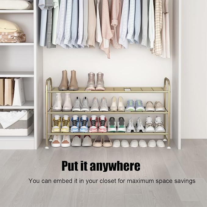 LINZINAR Shoe Rack Long 3 Tier Shoe Storage Organizer Metal Wide Shoe Shelf for Closet Entryway Bedroom 24 Paris Large Capacity, Gold