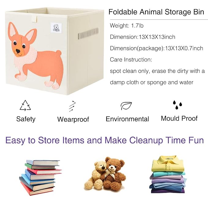 Foldable Animal Cube Storage Bins Fabric Toy Box/Chest/Organizer for Toddler/Kids Nursery, Playroom, 13 inch (Dog)