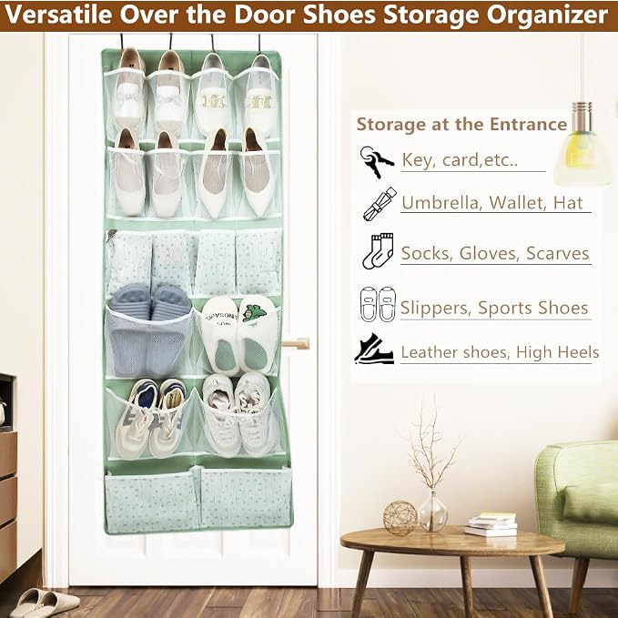 18 Pockets Over the Door Organizer with 4 Kind Pockets,Behind Door Shoes Rack,Back of Closet Storage Organization for Socks,Hat,Underwear,Luggage Packing,Hanging Holder Shelf in Home Dorm,Travel,Green