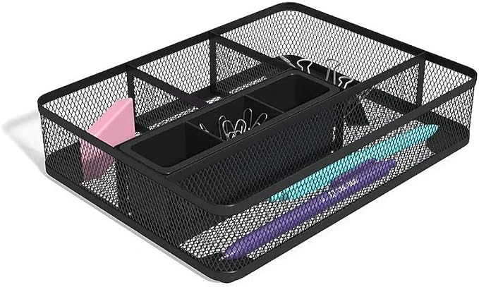 1InTheOffice Mesh Collection Desk Drawer Organizer Tray, Black, 7 Compartment