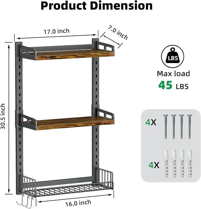 Kalrin 3 Tier Bathroom Shelves Over Toilet - Wall Mounted Floating Shelves with Drain Basket, Toilet Paper Storage, Height Adjustable Over The Toilet Storage, Vintage Brown