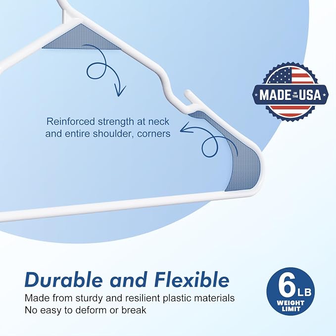 HOUSE DAY Plastic Hangers 100 Pack - Adult Clothes Hangers White - Space Saving, Non-Slip, Durable & Sturdy Hanger with Shoulder Grooves for Closet, Perfect Slim Coat Hanger - Ganchos para Colgar Ropa