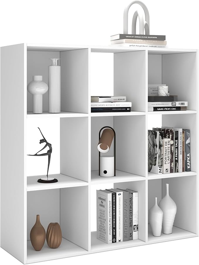9 Cube Shelf with Anti-Tipping Kits + Reversible Open Back Bookcase, Multi Layer and Multi Grid Partition Layout (White 11in)