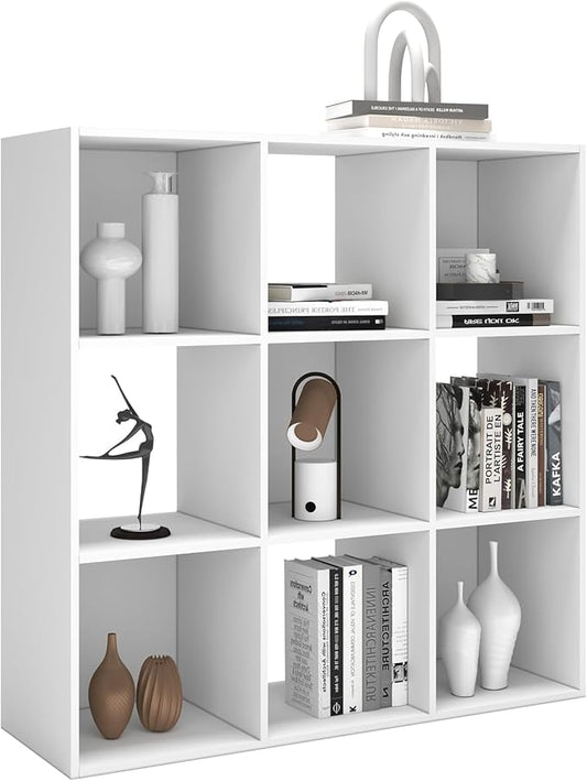 9 Cube Shelf with Anti-Tipping Kits + Reversible Open Back Bookcase, Multi Layer and Multi Grid Partition Layout (White 11in)