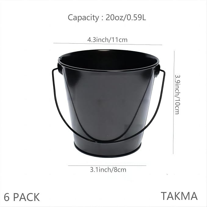 Metal Buckets with Handle - 6 Pack 4.3 Inch Small Iron Pail, Easter Bucket,Pencil Holder and Flower Pots,Craft Supply Holders for Events,School Storage and Party. (Black, 4.3" Top)