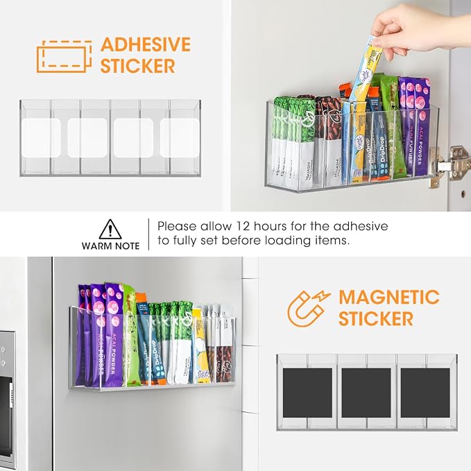 AIEVE Drink Packet Organizer, Mountable Water Packet Organization Holder with Adhesive & Magnetic Sticker, Pantry Organizers Kitchen Storage for Countertop Table Fridge Cabinet
