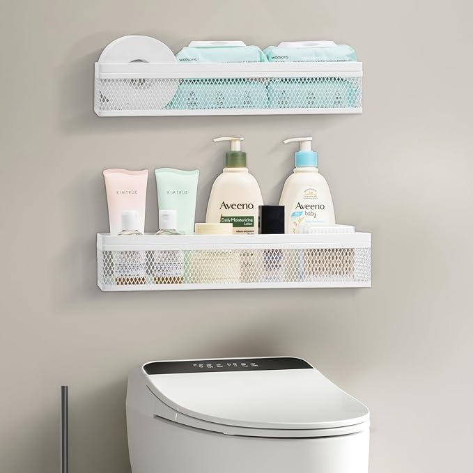 Hanging Wall Mount Storage Baskets with Adhesive Hooks & Screwing, Metal Wire Organizer Baskets for Home Decor, Kitchen, Bathroom, Pantry, Laundry, Closet, Garage, RV Black 2 Packs (White)