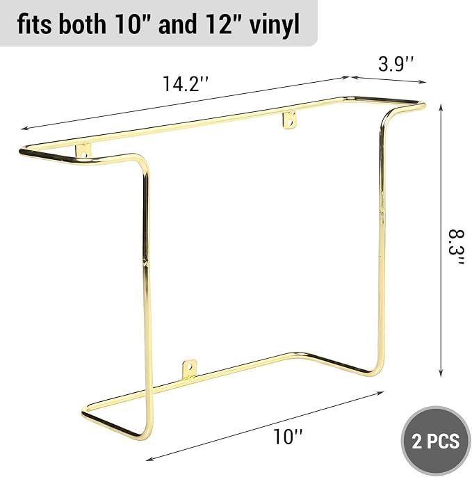 MyGift Modern Metal Wire Wall Mounted Vinyl Records Storage Racks, Hanging LP Record Holders, Floating Album Cover Display Shelves, Set of 2 (Brass-2 Pcs)