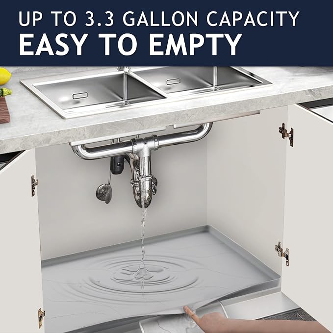 Heavy Duty Silicone Under Sink Mats for Kitchen Waterproof 22" x 22", Extra Thick Under Sink Rubber Mat Drip Tray, Raised Edge Under Sink Liner,Prevent Drips, Leaks, Spills,Grey