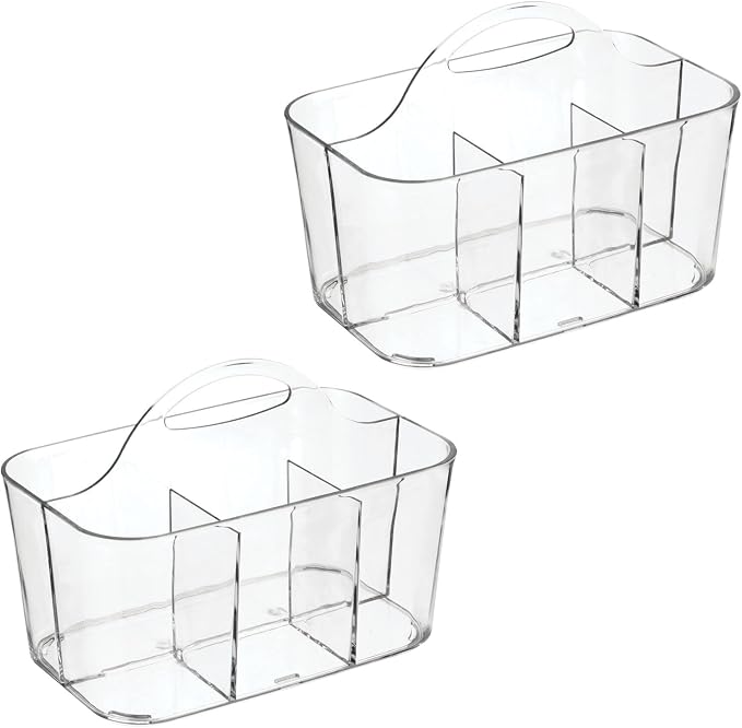mDesign Plastic Portable Craft Storage Organizer Caddy Tote, Divided Basket Bin w/Handle - Craft, Sewing, Art Supplies - Holds Brushes, Colored Pencils - Lumiere Collection - Clear, 2 Pack