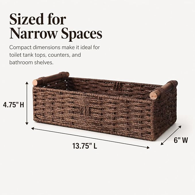 Brown Woven Bathroom Basket with Wood Handles — Toilet Paper Storage Organizer, Back of Toilet Wicker Basket, Dark Brown Boho Bathroom Decor Tray for Tank Top or Shelf