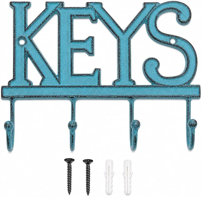Comfify Rustic Blue Cast Iron Key Holder for Wall – Keys Sign with 4 Hooks | Rustic blue antique finish; mounting hardware included; entryway, hallway or door; 6"H x 8"L; holds 8 keychains
