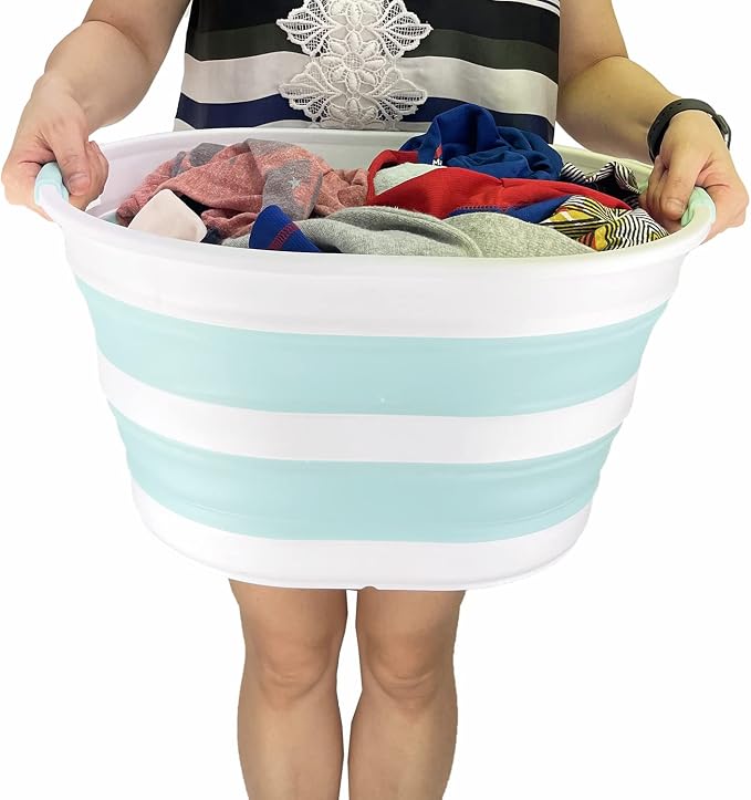 SAMMART 23L (6 Gallons) Collapsible Plastic Laundry Basket - Oval Tub/Basket - Foldable Storage Container/Organizer - Portable Washing Tub (White/Lake Green (Set of 2))