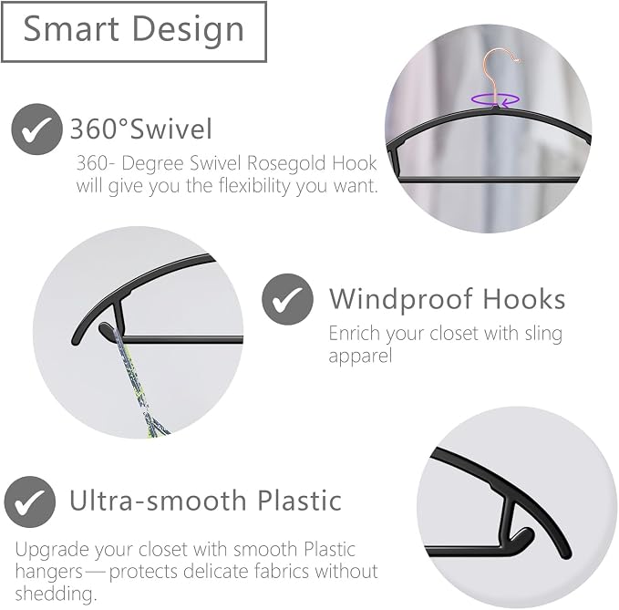 MIZGI Premium Plastic Hangers (Pack of 50) Heavyduty- Black No Shoulder Bump Suit Hangers - Space Saving Clothes,Rounded Hanger for Coat,Sweater,Jackets,Pants