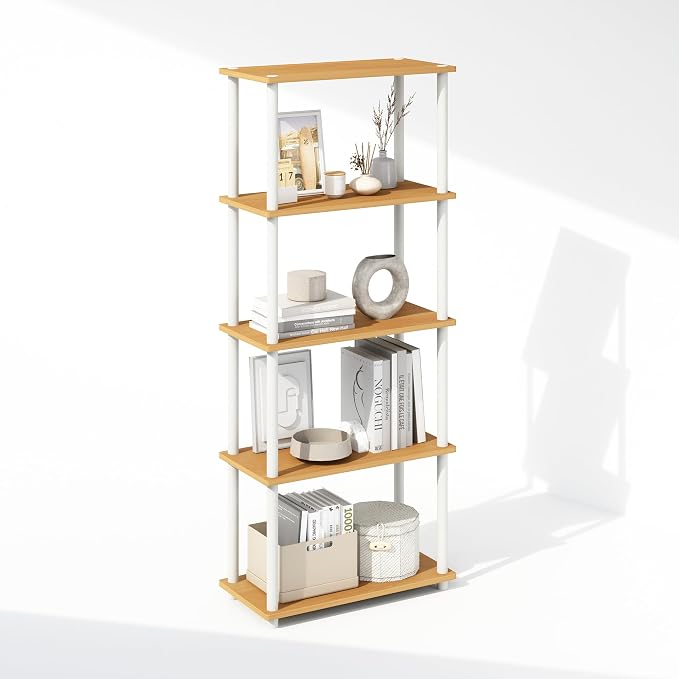 Furinno Turn-N-Tube Book Shelf, 5-Tier Bookshelf, Bookcase with Multipurpose Compact Display Rack, 11.6 x 23.6 x 57.4, for Living Room, Bedroom, Home Office, Beech/White