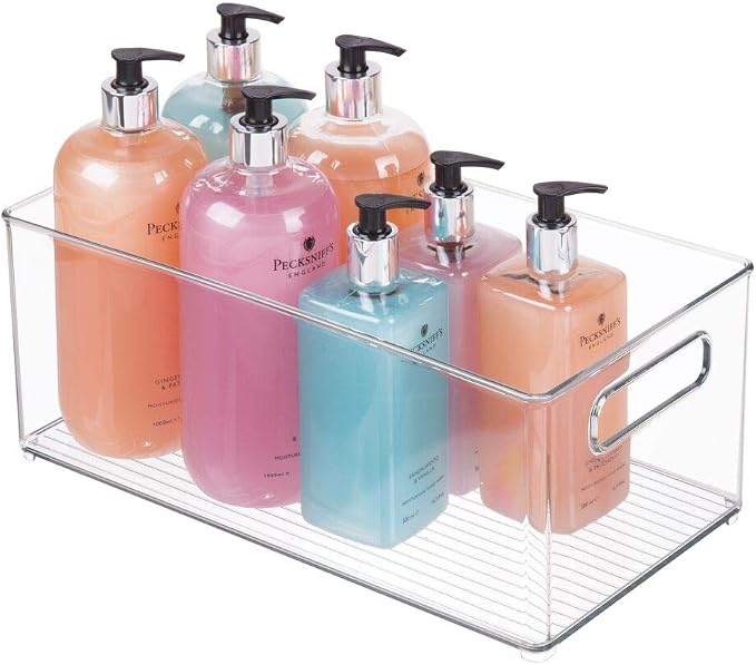 mDesign Plastic Bathroom Storage Container Bins w/ Handles - Closet, Cabinet, Vanity, Cupboard Shelf Organization, Hair Tools Accessory Organizer - Ligne Collection; Clear, 14.6x8.1x6 (Pack of 4)