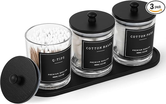 eggs sound 3 Pack Qtip Holder - Bathroom Organizers and Storage, Cotton Round Pad Holder Swab Dispenser Floss Pick Holder with Tray, Glass Apothecary Jars with Lids, Cotton Ball Container - Clear Bk
