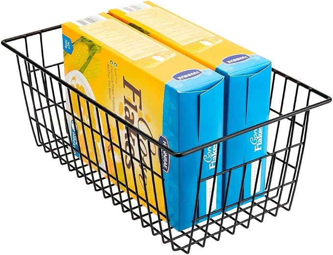 SANNO Freezer Basket Organizer, Refrigerator Metal Wire Storage Divider, Household Container Bins with Handles for Kitchen, Bathroom, Office, Camping, Black,Set of 4