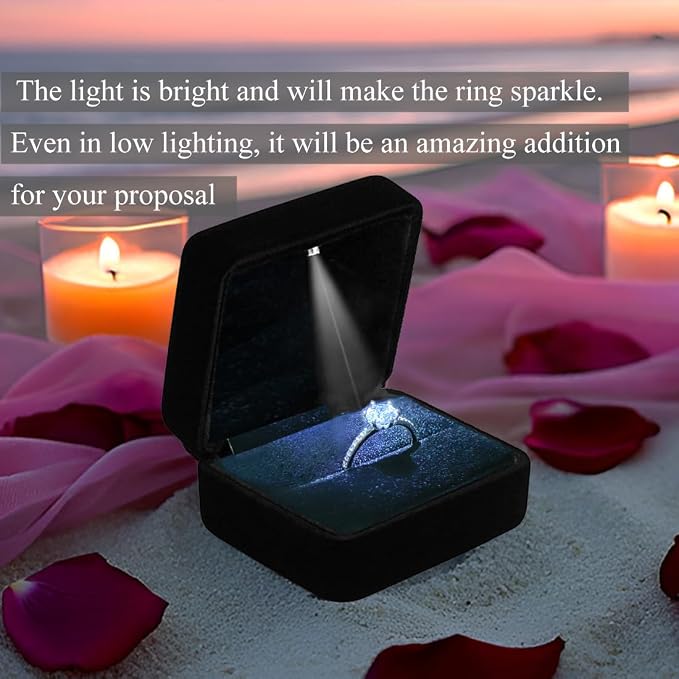 Velvet Ring Box with LED Light Jewelry Display Gift Box for Proposal,Engagement, Wedding