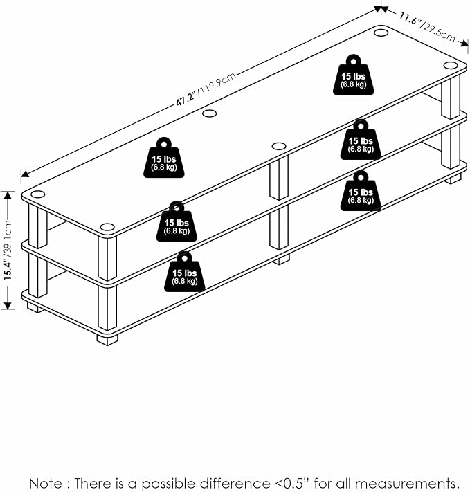 Furinno TURN-S-TUBE Shoe Rack, 3-Tier Wide Shoe Organizer, Open Shelf Rectangular Shoe Storage Rack, 11.6 x 47.2 x 15.4, Toolless Assembly, for Closet Entryway, Office, Garage, Espresso