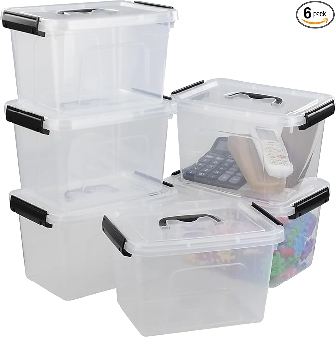 Wekioger 6 Quart Versatile Storage Bins with Handle and Secure Latching Buckles, 6 Packs Plastic Lidded Organizing Container Box, Clear
