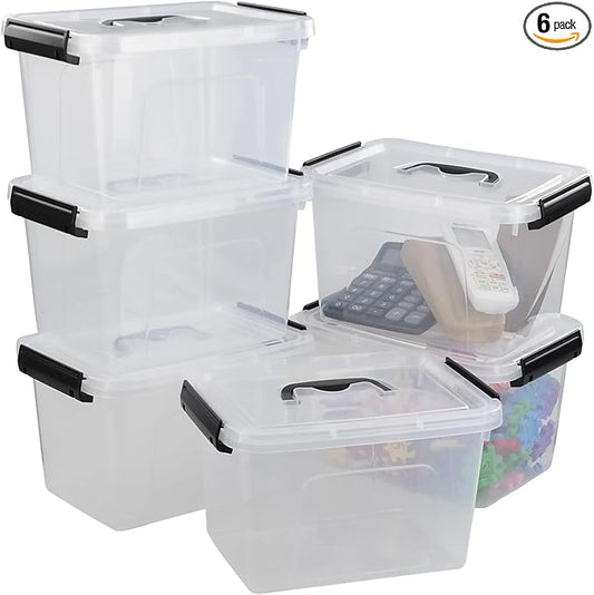 Wekioger 6 Quart Versatile Storage Bins with Handle and Secure Latching Buckles, 6 Packs Plastic Lidded Organizing Container Box, Clear