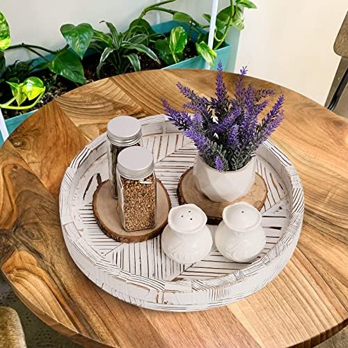 12 Inch Rustic Farmhouse Wood Lazy Susan Turntable for Table, Tomoaza White Herringbone Decorative Turntable Tray, Dinin