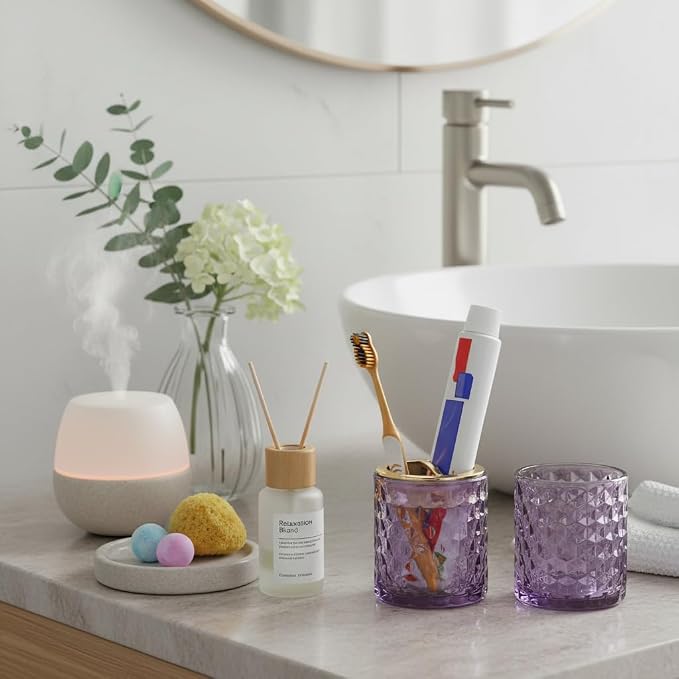 2pcs Purple Toothbrush Holders for Bathrooms, Glass Toothbrush Holder and Bathroom Tumbler Set, Gold Tooth Brush Cup Holder, Bathroom Counter Organizer for Brushes, Toothpaste