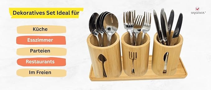 Bamboo Cutlery Holder Set - 3 Kitchen Utensils Holder Organiser with Bamboo Tray | Decorative Kitchen Countertop Stand | Knife, Fork and Spoon Holders