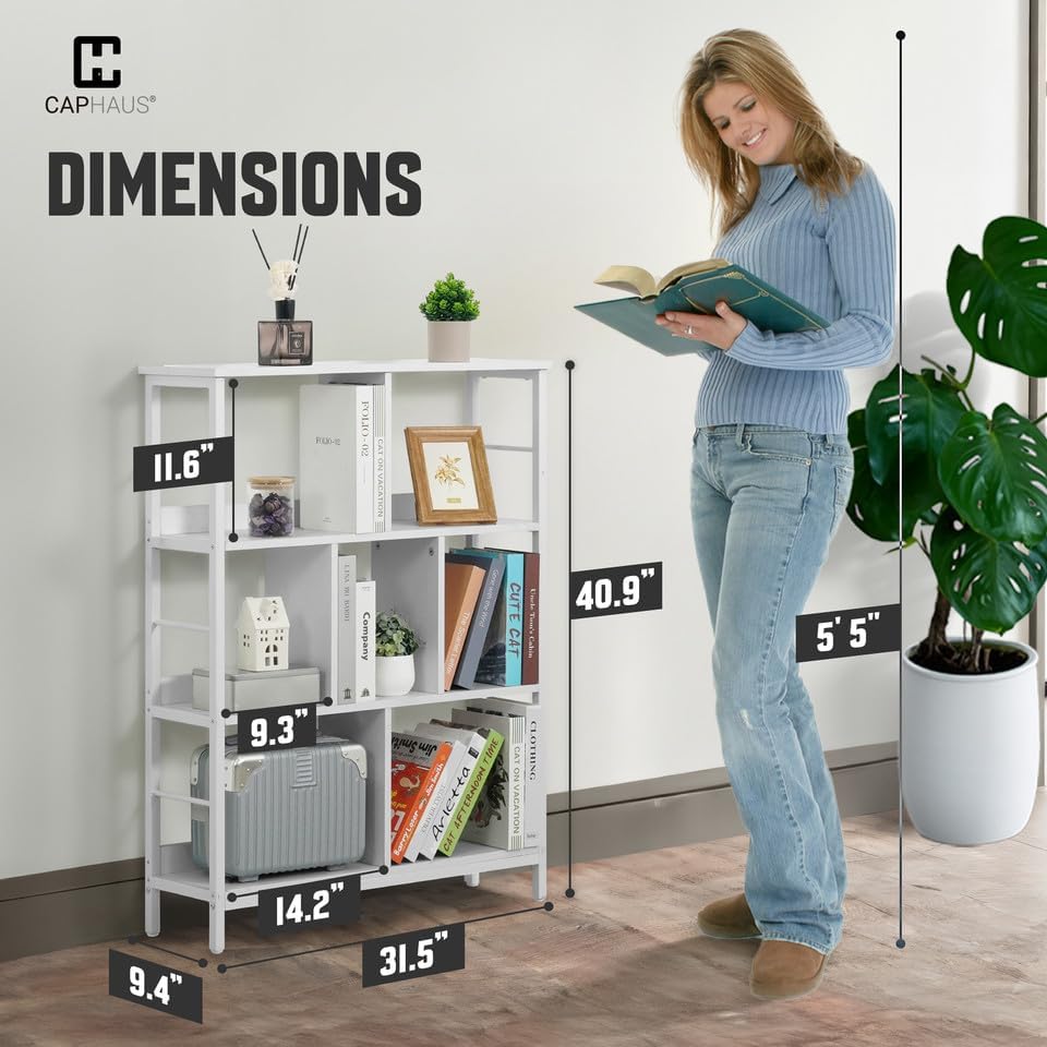 CAPHAUS 7 Cube Storage Organizer, 32” Wide 3 Tier White Industrial Open Shelf Bookcase, Display Shelf, Horizontal Booksh