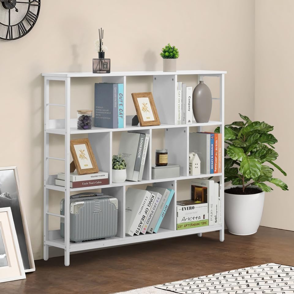 CAPHAUS 10 Cube Storage Organizer, 48” Wide 3 Tier White Industrial Open Shelf Bookcase, Display Shelf, Horizontal Books
