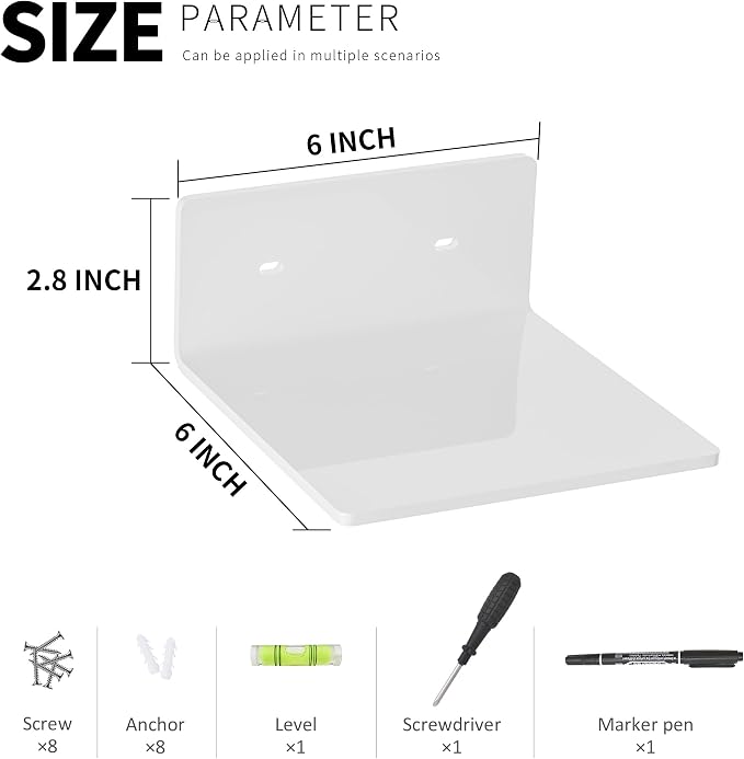 6 Inches White Acrylic Wall Shelves Set of 4, Moisture-Proof, Wall Mounted Storage Display Shelves for Gaming Room, Living Room, Bathroom, Office, Store, Heavy Duty, 4 Pack