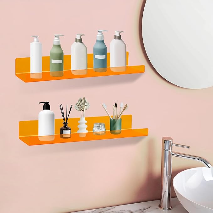Dezzer 4 Pack Acrylic Shelves for Wall, 15" Acrylic Floating Shelves for Bathroom Bedroom, Invisible Bookshelf Wall Ledge Storage Shelf Books Perfume Toys Action Figure Display Shelves, Clear Orange