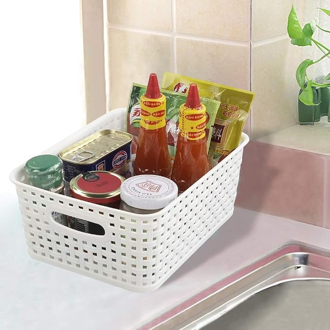 4-Pack Small Storage Baskets, Woven Plastic Basket, White | 10" x 7.7" x 4", Home Organization, Space - Saving Storage, Stylish Design, Organizer Baskets for Cabinet, Closet, Office