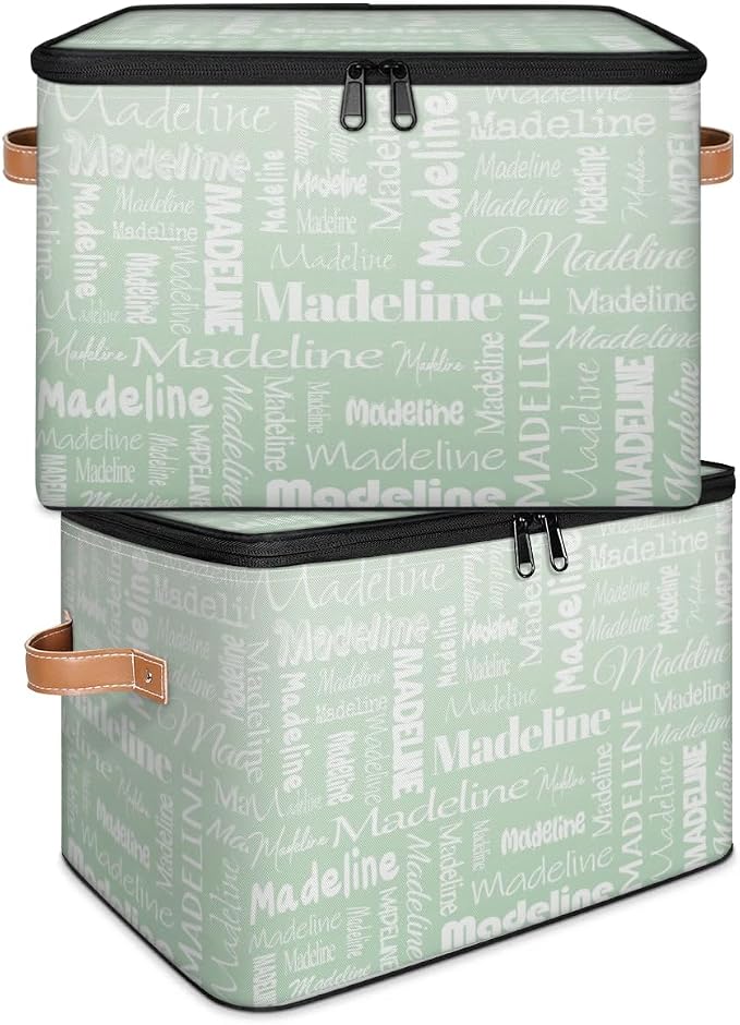 Custom Storage Basket with Name, Personalized Keepsake Box with Zipper Lid, Foldable Fabric Memory Bin Large capacity with Handle Green