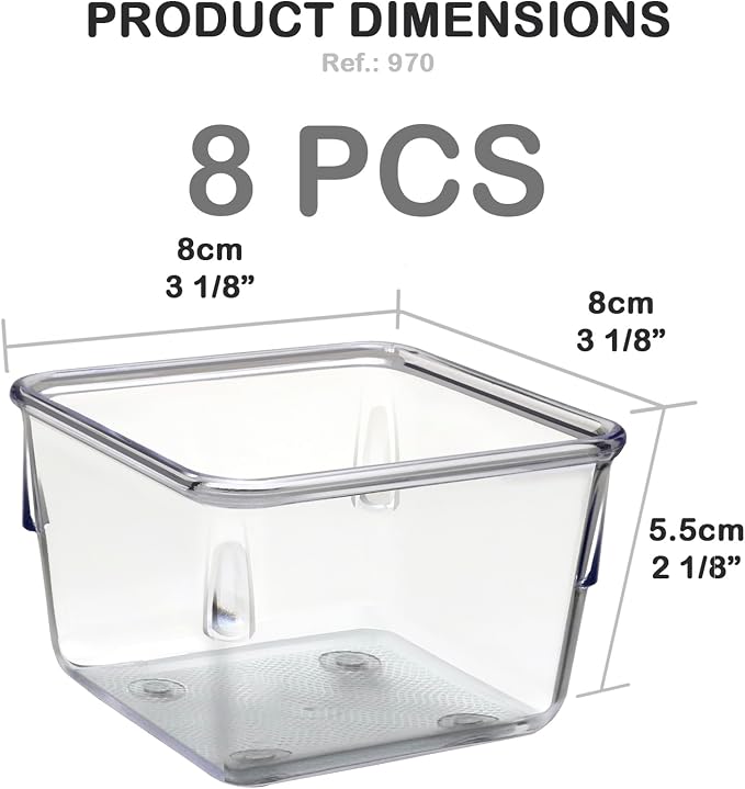 Acrimet 8 Pack Clear Plastic Drawer Organizer Box Set, Square 3" X 3" X 2" Crystal Desk Drawer Trays and Dividers, Storage Bins for Office, Makeup, Kitchen, Bathroom and Junk Drawer