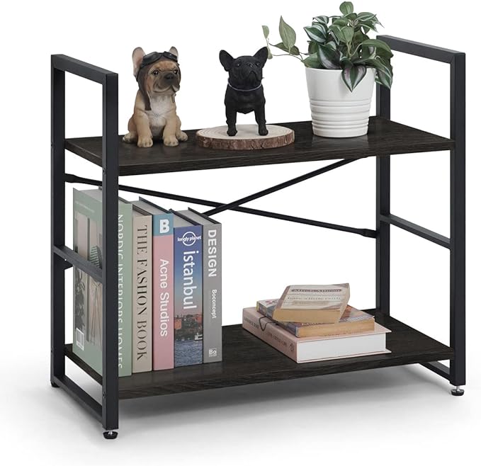CAPHAUS 2 Tier Small Bookshelf, 24 Inch Width Free Standing Shelf, Bookcase Shelf Storage Organizer, Industrial Book Shelves for Home Office, Living Room, Black Shelves & Metal Frame