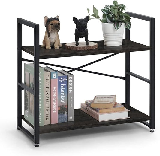 CAPHAUS 2 Tier Small Bookshelf, 24 Inch Width Free Standing Shelf, Bookcase Shelf Storage Organizer, Industrial Book Shelves for Home Office, Living Room, Black Shelves & Metal Frame