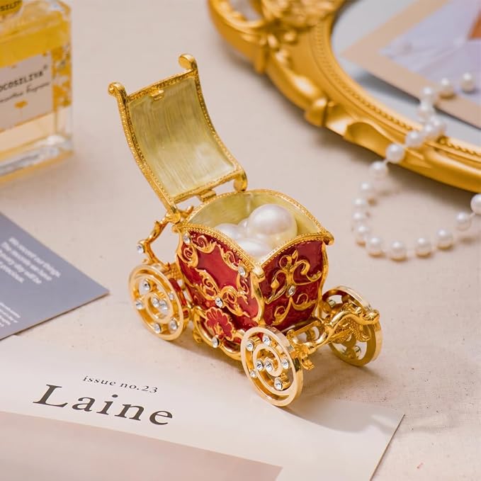 Retro Carriage Jewelry Trinket Box Enamel Ring Hold Boxes Hand-Painted Vintage Ornaments Craft Gift for Women Girls (Red)