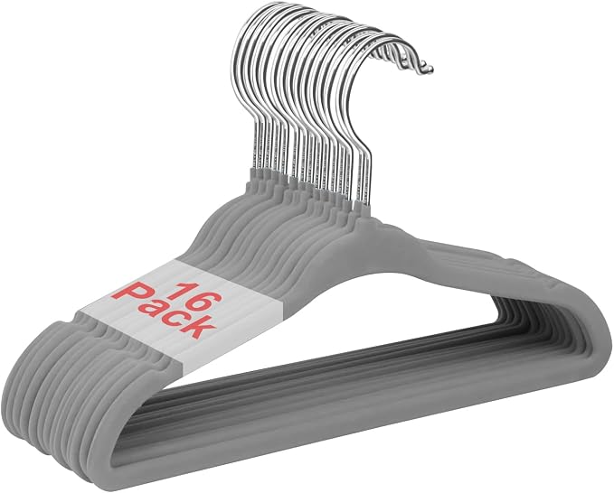 Baby Velvet Hangers Non-Slip Space Saving Swivel Hook 16 Pack Gray
